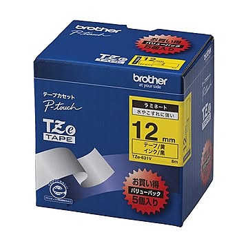 ブラザー工業 TZeテープ ラミネートテープ(黄地/黒字) 12mm 5本パック TZe-631V