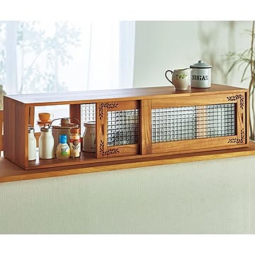 カウンター上収納庫/キッチン収納 天然木桐材 完成品 『リーフ柄キッチンシリーズ』