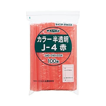 (まとめ) セイニチ チャック付袋 ユニパックカラー 半透明 ヨコ240×タテ340×厚み0.04mm 赤 J-4アカ 1パック(100枚)  【×5セット】