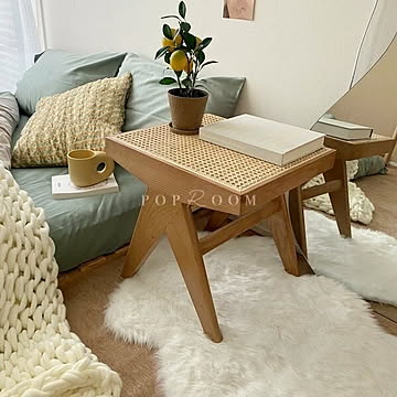 北欧スタイル 木製ラタン ベッドサイドテーブル 兼用スツール