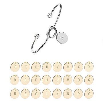 【在庫限り】A〜Zの内、A〜T  イニシャル ブレスレット イニシャルチャーム イニシャルプレート 結びバングル シンプル アルファベット バングル フリーサイズ シルバー ペア ノットバングル