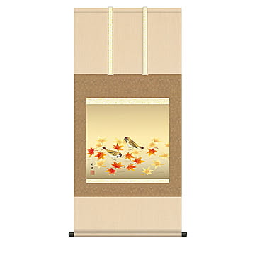 掛け軸 紅葉に小鳥 田村竹世 54.5x115cm 三幸