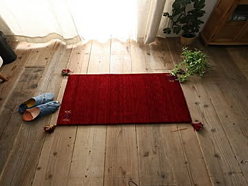 インドギャッベ 約60x90cm ミニマットサイズ 正方形 玄関マット ラグ レッド ウール100％ ホットカーペット対応 ボリューム