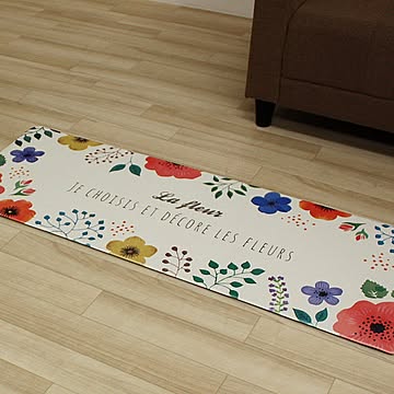 九装 45×120cm キッチンマット 撥水 台所用 塩化ビニル デコーレ ホワイト 花柄 フルーツ 植物柄