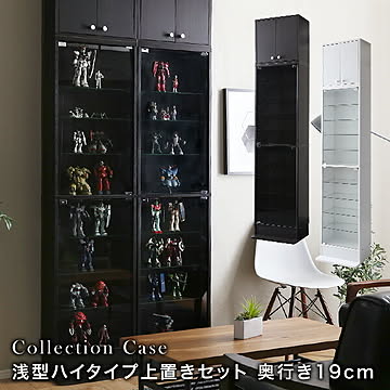 コレクションケース 【本体＋上置き／ハイタイプ・浅型・奥行19cm 幅48.5cm】コレクションラック フィギュア ケース 棚 ディスプレイラック ガラス棚 壁面収納 大型 ホワイト ブラウン