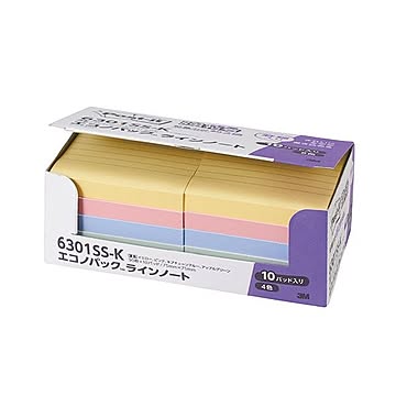（まとめ） 3M ポスト・イット エコノパック強粘着ノート ラインノート 75×75mm パステルカラー4色 6301SS-K 1パック（10冊） 【×3セット】