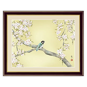 アート 額絵 桜花に小鳥 森山 観月 本紙サイズ F4(約31x23cm) 額サイズ 42x34cm 三幸