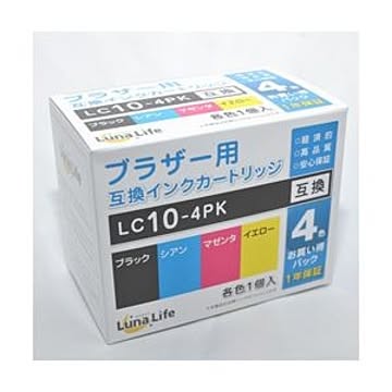 (まとめ)ワールドビジネスサプライ 【Luna Life】 ブラザー用 互換インクカートリッジ LC10-4PK 4本パック LN BR10/4P【×3セット】