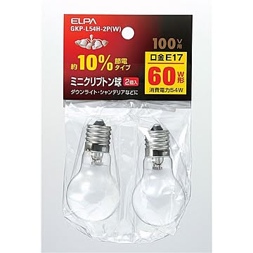 （まとめ） ELPA ミニクリプトン球 電球 60W形 E17 ホワイト 2個入 GKP-L54H-2P（W） 【×10セット】