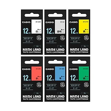 (まとめ）カシオ CASIO ネームランド NAME LAND スタンダードテープセット 12mm 白・黄・緑・赤・青・透明/黒文字 XR-TAPE-12C 1パック(6個:各色1個)【×3セット】