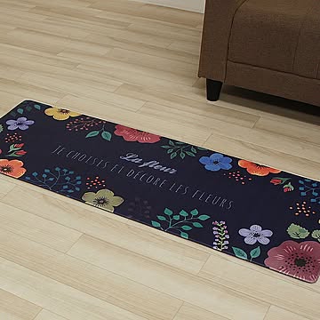 九装 Y 台所用キッチンマット 約45×120cm 汚れに強い 撥水 台所 廊下 デコーレ ネイビー 花柄 フルーツ 植物柄