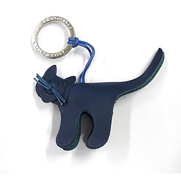 LA CUOIERIA（ラ・クオイエリア） ハンドメイド 本革 キーホルダー ネコ（アオ）
