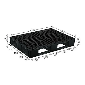 岐阜プラスチック工業 プラスチックパレット J-D4・1108 片面使用ブラック 1100×800ｍｍ【代引不可】