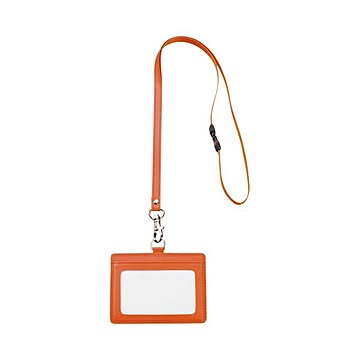 (まとめ) TANOSEE 合皮製ネームカードホルダー ヨコ型 ストラップ付 オレンジ 1個  【×30セット】