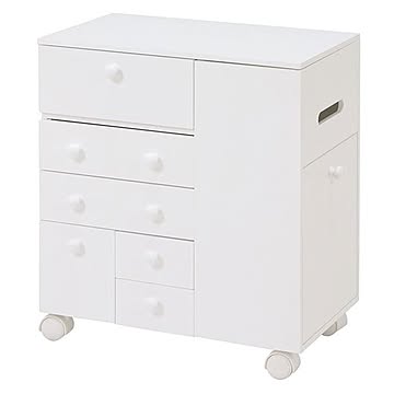 ホワイトドレッサー化粧台 幅45×奥行27×高さ51.5cm, ダストボックス付き, キャスター, ボックスティッシュ収納可能, 完成品