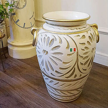 イタリア製 アンブレラスタンド 傘立て 陶器 白 ホワイト 手彩色 壺型