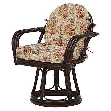 肘付き 回転式 座椅子 ダークブラウン 花柄 ポリエステル張地 座面高42cm