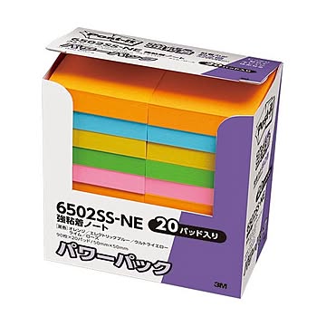 (まとめ) 3M ポストイット パワーパック 強粘着ノート 50×50mm ネオンカラー5色 6502SS-NE 1パック（20冊）  【×5セット】