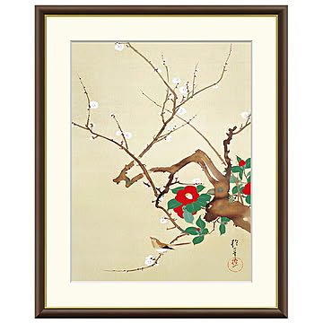 額絵 梅椿に鶯図 酒井抱一 52x42cm 三幸