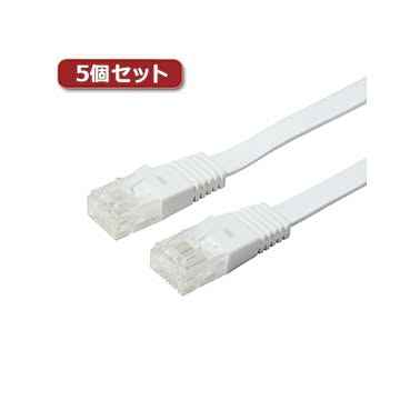 （まとめ）5個セット ミヨシ カテ5eストレートLANケーブル フラットタイプ 幅7.2mm 厚さ1.5mm ホワイト 5m ZLN-FL05WHX5【×2セット】