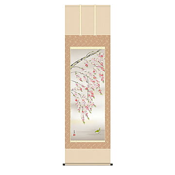 掛け軸 桃花に小鳥 近藤玄洋 54.5x190cm 三幸