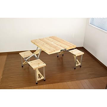 アウトドアテーブル キャンプ用品 約幅140cm 木製 折りたたみ チェア付き パラソル対応 耐水性 耐油性 スチール 完成品 レジャー