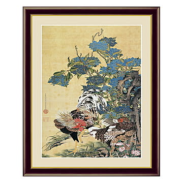 アート 額絵 紫陽花双鶏図 伊藤 若冲 本紙サイズ F4(約31x23cm) 額サイズ 42x34cm 三幸