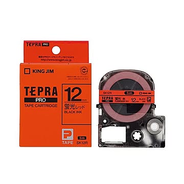 （まとめ） キングジム テプラ PRO テープカートリッジ 12mm 蛍光レッド／黒文字 SK12R 1個 【×5セット】