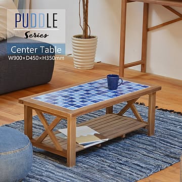 PUDDLE　センターテーブル PUCT-90 センターテーブル テーブル 家具 リビング 一人暮らし 西海岸風 カリフォルニアスタイル レトロ セラミックタイル タイル クロスバー 青 マリン