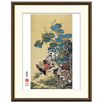 額絵 紫陽花双鶏図 伊藤若冲 61x49.5cm 三幸