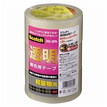 （まとめ） 3M スコッチ 透明梱包用テープ 軽量物用 厚さ0.05mm 48mm×50m 309-3PN 1パック（3巻） 【×5セット】