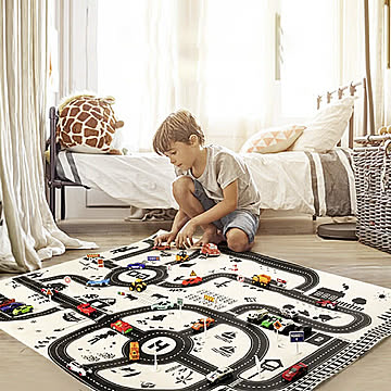 ジャンボプレイマットVer2 ホワイト道路と生き物、自然街並みデザイン 地図を楽しみながら知育を促す子供向け玩具