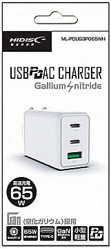 AC充電器 GaN（窒化ガリウム）採用 PD3.0 Type-C/Type-A対応 65W ホワイト ML-PDUS3PG65WH 管理No. 4984279642443