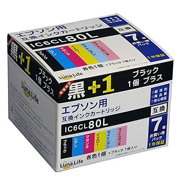 (まとめ)ワールドビジネスサプライ Luna Life エプソン用 互換インクカートリッジ IC6CL80L ブラック1本おまけ付き 7本パック LN EP80/6P BK+1×2セット