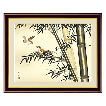 アート 額絵 竹に雀 田村 竹世 本紙サイズ F4(約31x23cm) 額サイズ 42x34cm 三幸