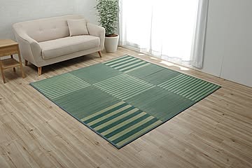 い草ラグ ブルー 約190×300cm 撥水 滑り止め 格子柄 抗菌防臭 不織布