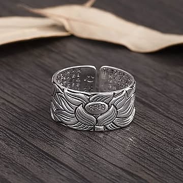 【在庫限り】大きな蓮の花 蓮花 般若心経 フリーサイズリング 指輪 シンプル お洒落アイテム リング ステンレス かっこいい 韓流 かわいい リングセット メンズ レディース 男性 女性 男女兼用