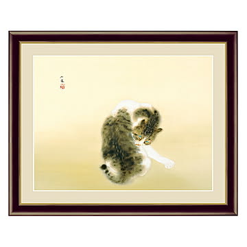 アート 額絵 班猫 竹内 栖鳳 本紙サイズ F4(約31x23cm) 額サイズ 42x34cm 三幸