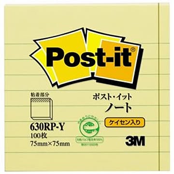 （まとめ） 3M ポストイット ノート 再生紙スタンダードカラー 75×75mm イエロー（罫線入） 630RP-Y 1冊 【×20セット】