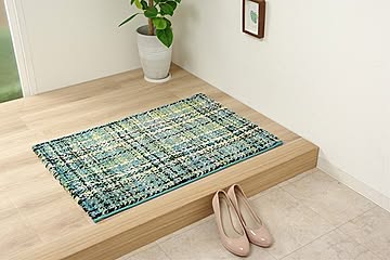 ウィルトン織り玄関マット トルコ製 約60×90cm チェック柄 ブルー 抗菌防臭 消臭 劣化しにくい