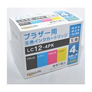 (まとめ)ワールドビジネスサプライ 【Luna Life】 ブラザー用 互換インクカートリッジ LC12-4PK 4本パック LN BR12/4P【×3セット】