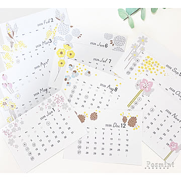 卓上カレンダー【北欧お花・イーゼルなし】ハガキサイズ/2026年