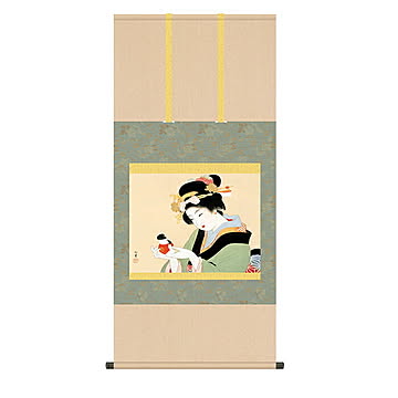 掛け軸 御所人形 上村松園 54.5x115cm 三幸