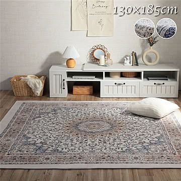 ジャガード織メダリオン柄長方形ラグ, 滑りにくい加工, 約130×185cm, ベージュ, ホットカーペット対応