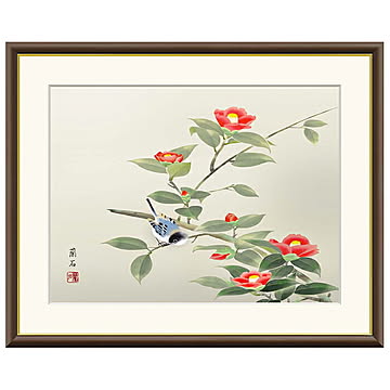 額絵 椿に小鳥 高見蘭石 42x34cm 三幸