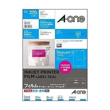 まとめエーワン ラベルシール[インクジェット]光沢フィルム・透明 A4 27面 62×31mm 28972 1冊10シート ×3セット