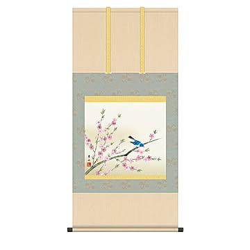 掛け軸 桃花に小鳥 緒方葉水 54.5x115cm 三幸