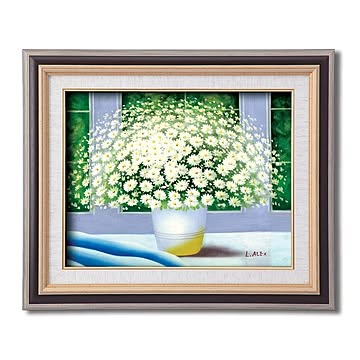 花の油絵 黒いフレーム・白い花 アレックス 油絵額 F6号サイズ 紘黒額