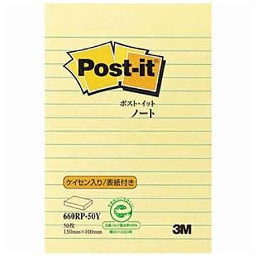 （まとめ） 3M ポストイット ノート 再生紙スタンダードカラー 150×100mm イエロー（罫線入） 660RP-50Y 1冊 【×15セット】