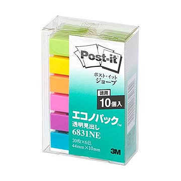 (まとめ) 3M ポストイット ジョーブ エコノパック 透明見出し 44×10mm パステルカラー6色 業務用パック 6831NE 1セット（60冊）  【×5セット】